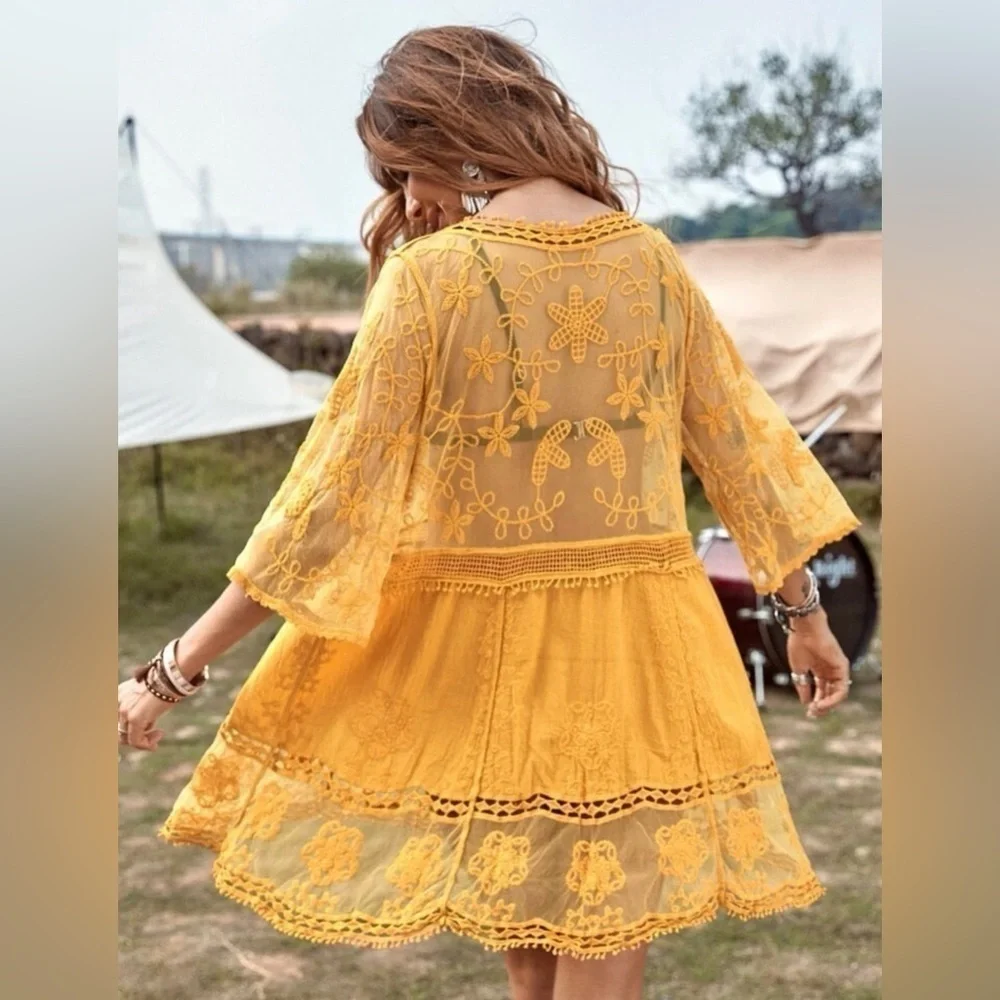 Bohemian Embroidered Floral Lace Sheer Mesh Top Swimsuit Coverup - Picture 3 of 9